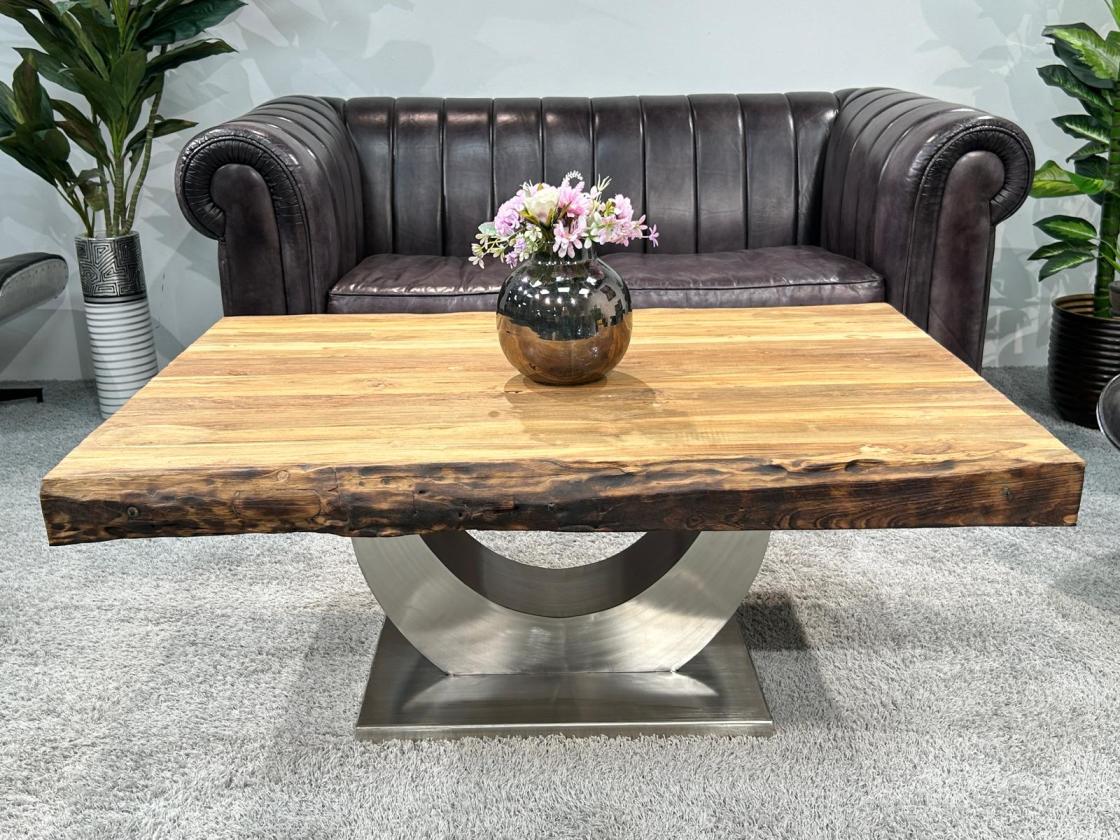 Massiver Couchtisch Holz mit Edelstahl modern rustikal Massivholz