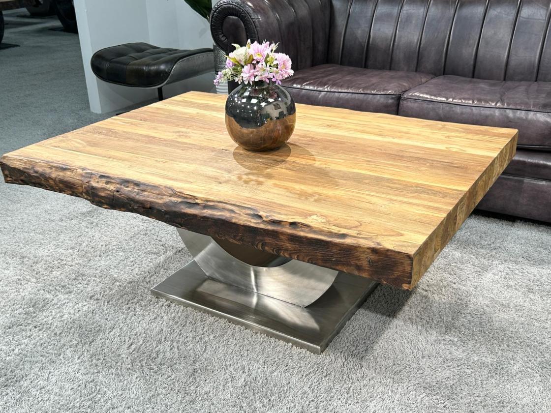Massiver Couchtisch Holz mit Edelstahl modern rustikal Massivholz