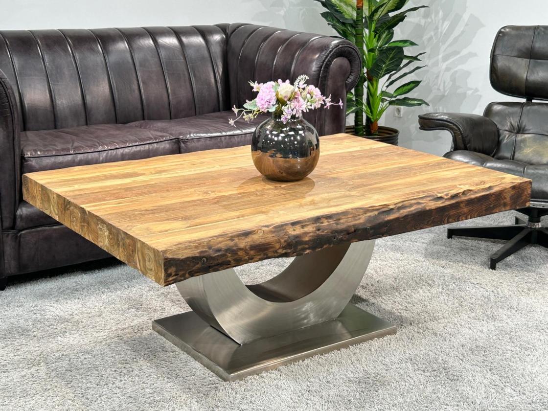 Massiver Couchtisch Holz mit Edelstahl modern rustikal Massivholz