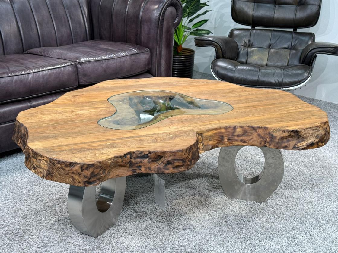 Eindrucksvoller Couchtisch "Lakeside Rustik", ca. 130 x 87 x 46 cm aus Altholz mit Glaseinlage