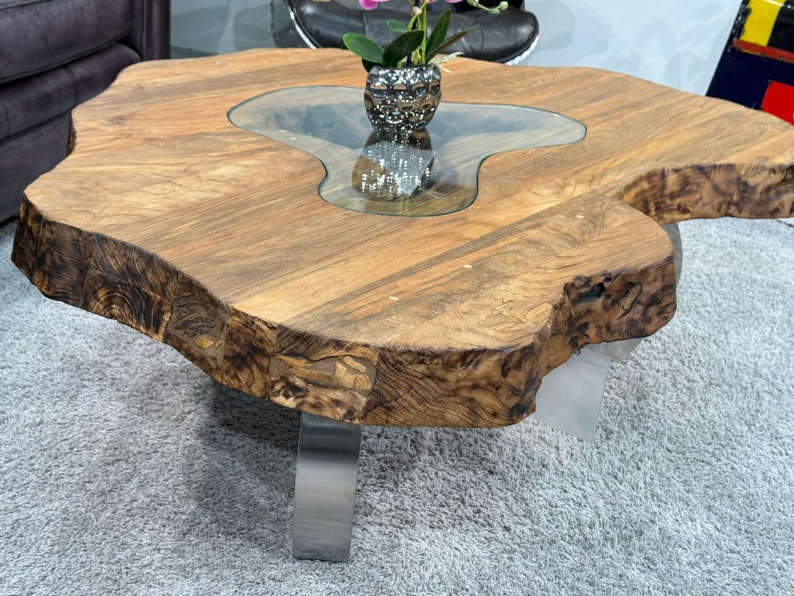 Couchtisch aus Altholz mit Glaseinlage, 130x87x46 cm