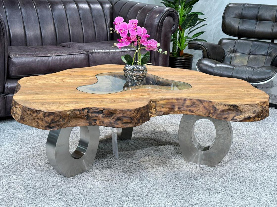 Couchtisch aus Altholz mit Glaseinlage, 130x87x46 cm