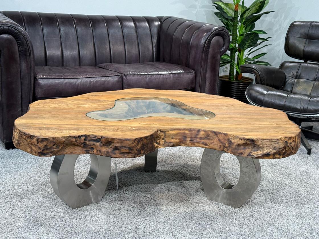 Couchtisch aus Altholz mit Glaseinlage, unregelmäßige Form