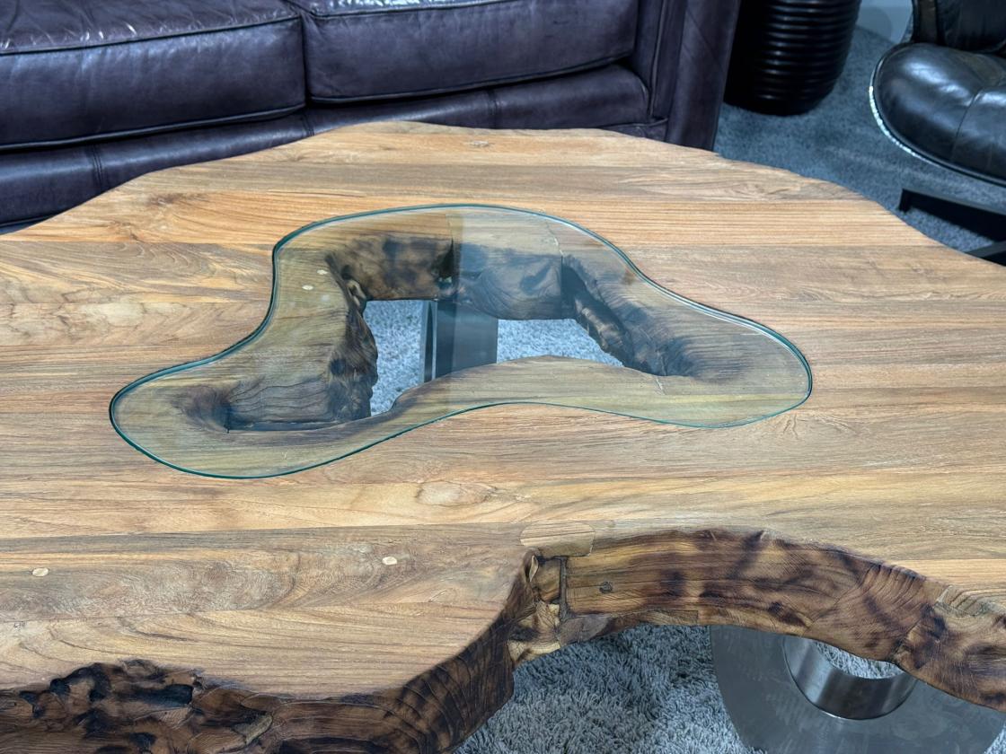 Couchtisch aus Altholz mit Glaseinlage, 130x87x46 cm