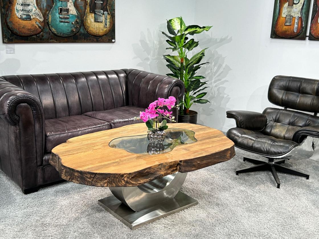Außergewöhnlicher Couchtisch "Fusion" aus Teakholz mit Glaseinlage, ca. 135 x 90 x 50 cm