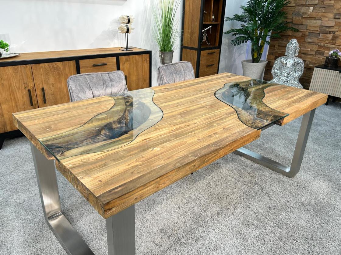 Holztisch Esstisch Glaseinlagen