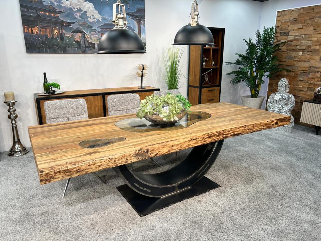 Esstisch / Massivholztisch "Deep Island" ca. 250 x 103-106 x 77 cm aus recyceltem Altholz mit Rohstahlgestell