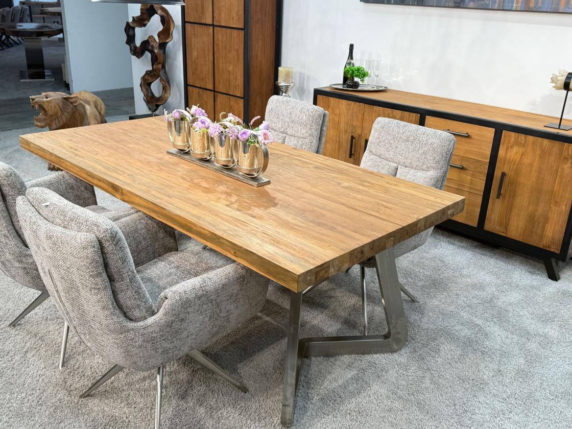 Massivholz Esstisch Elements 180 cm Teakholz mit Glaseinlage