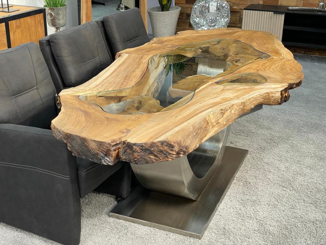 Esstisch Expression aus Teakholz mit Glaseinlagen und Edelstahlgestell