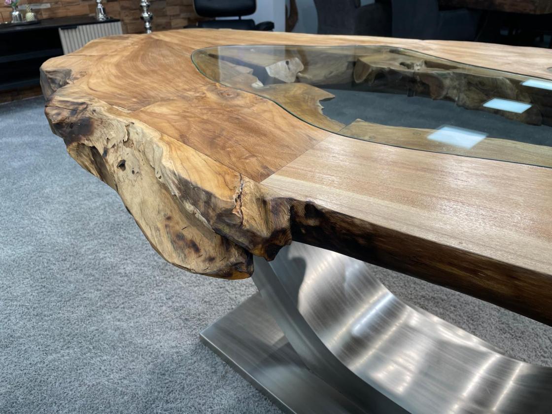 Esstisch Expression aus Teakholz mit Glaseinlagen und Edelstahlgestell