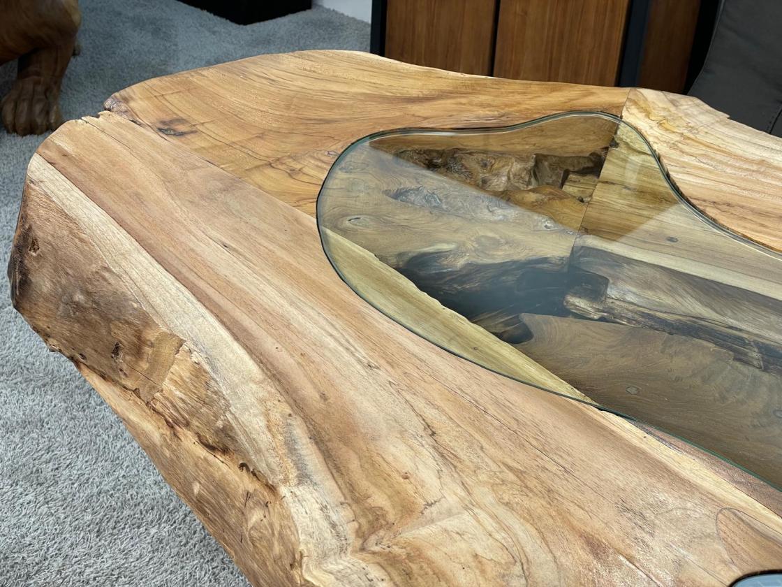 Esstisch Expression aus Teakholz mit Glaseinlagen und Edelstahlgestell