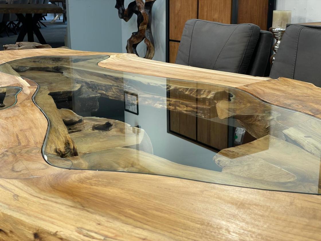 Esstisch Expression aus Teakholz mit Glaseinlagen und Edelstahlgestell