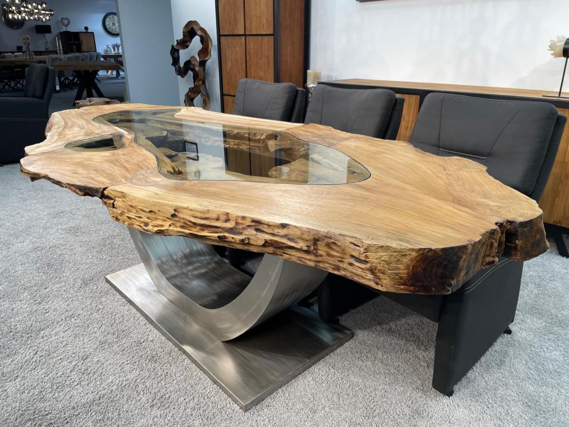 Esstisch Expression aus Teakholz mit Glaseinlagen und Edelstahlgestell