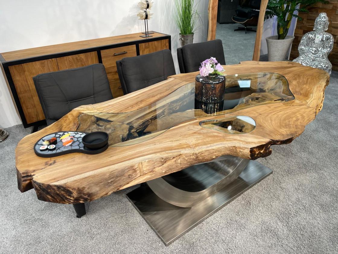 Esstisch Expression aus Teakholz mit Glaseinlagen und Edelstahlgestell