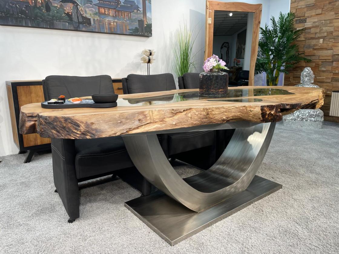 Esstisch Expression aus Teakholz mit Glaseinlagen und Edelstahlgestell