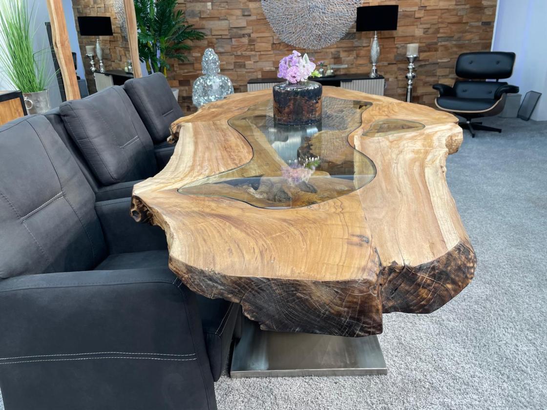 Esstisch Expression aus Teakholz mit Glaseinlagen und Edelstahlgestell