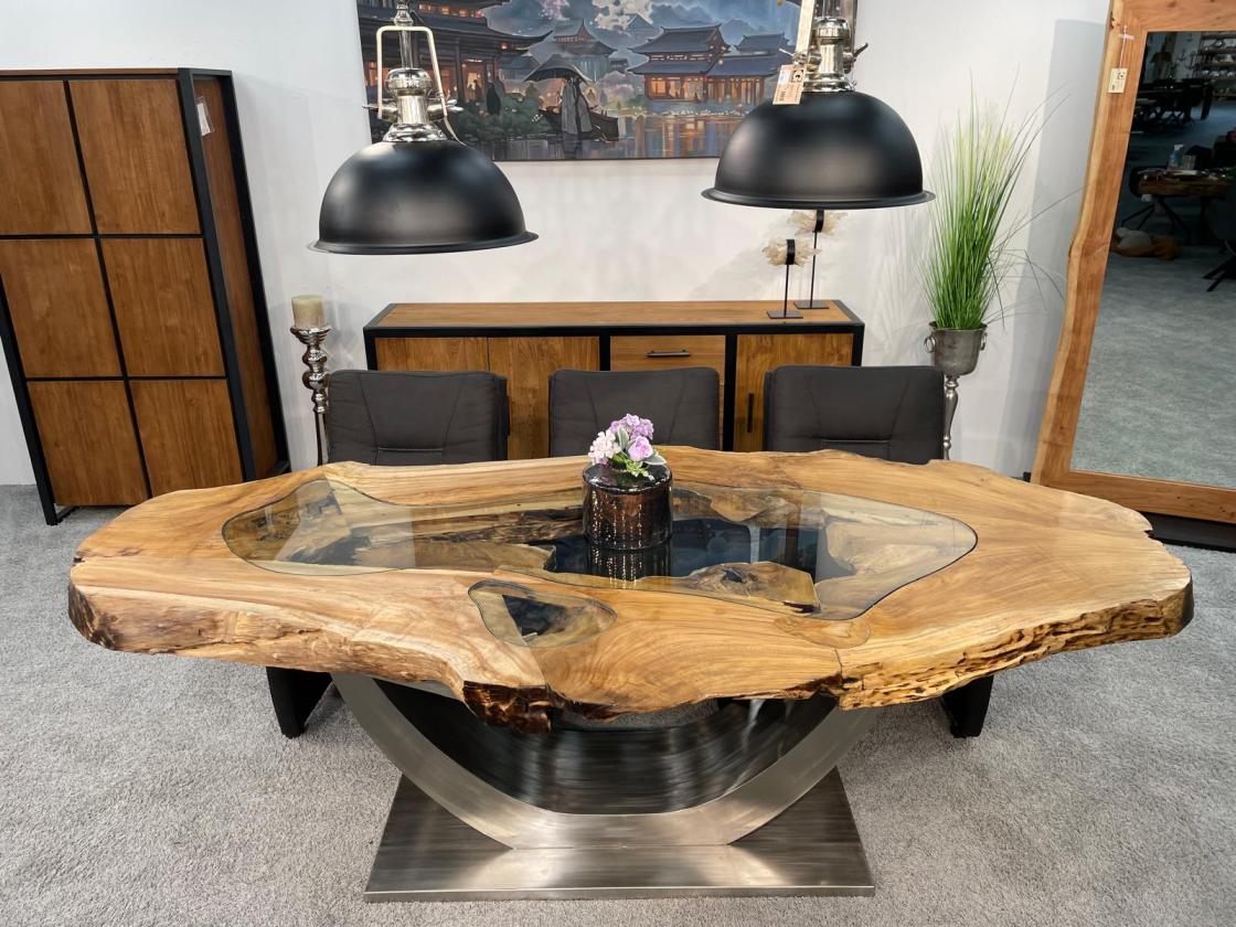 Esstisch Expression aus Teakholz mit Glaseinlagen und Edelstahlgestell