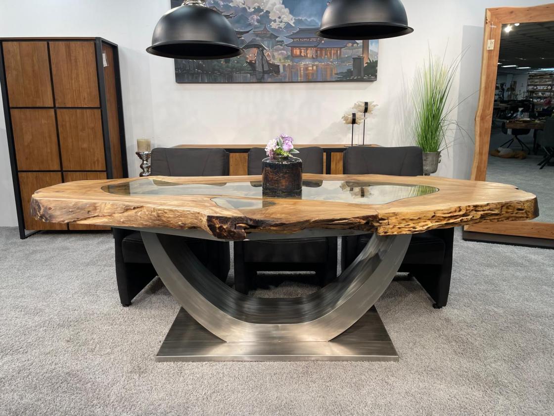 Esstisch Expression aus Teakholz mit Glaseinlagen und Edelstahlgestell