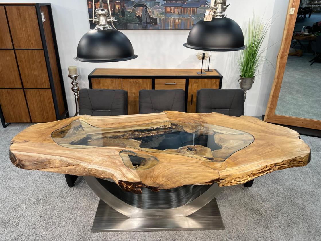 Esstisch Expression aus Teakholz mit Glaseinlagen und Edelstahlgestell