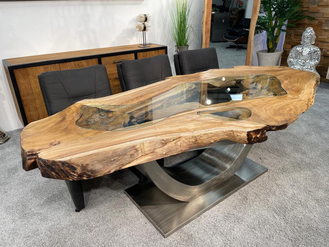 Esstisch Expression aus Teakholz mit Glaseinlagen und Edelstahlgestell