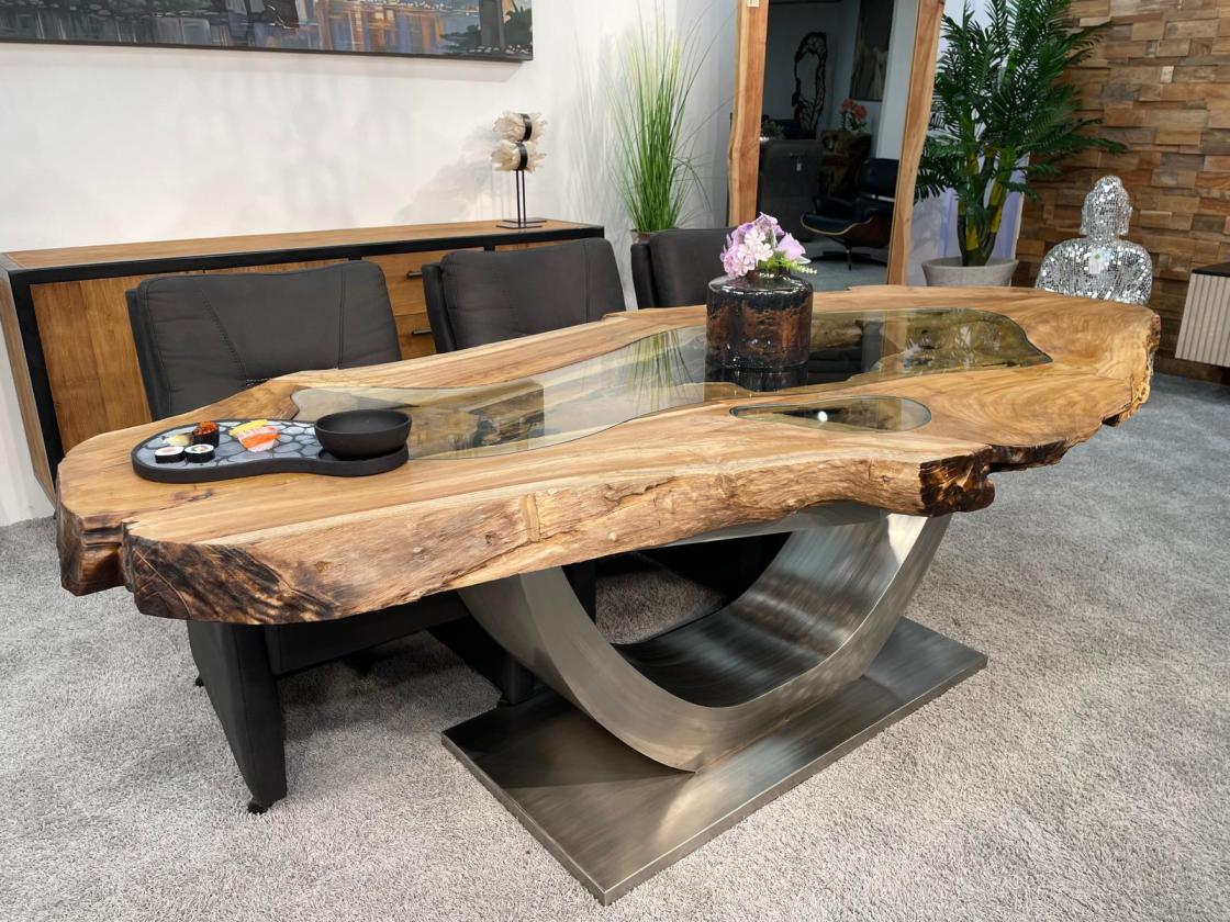 Esstisch Expression aus Teakholz mit Glaseinlagen und Edelstahlgestell