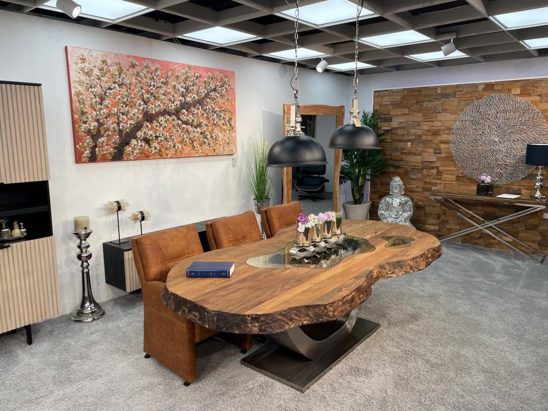 Esstisch Fusion 250 cm Ovaler Massivholztisch mit Edelstahlgestell