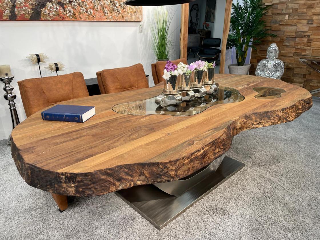 Esstisch Fusion 250 cm Ovaler Massivholztisch mit Edelstahlgestell