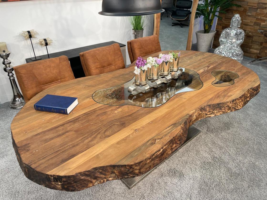 Esstisch Fusion 250 cm Ovaler Massivholztisch mit Edelstahlgestell