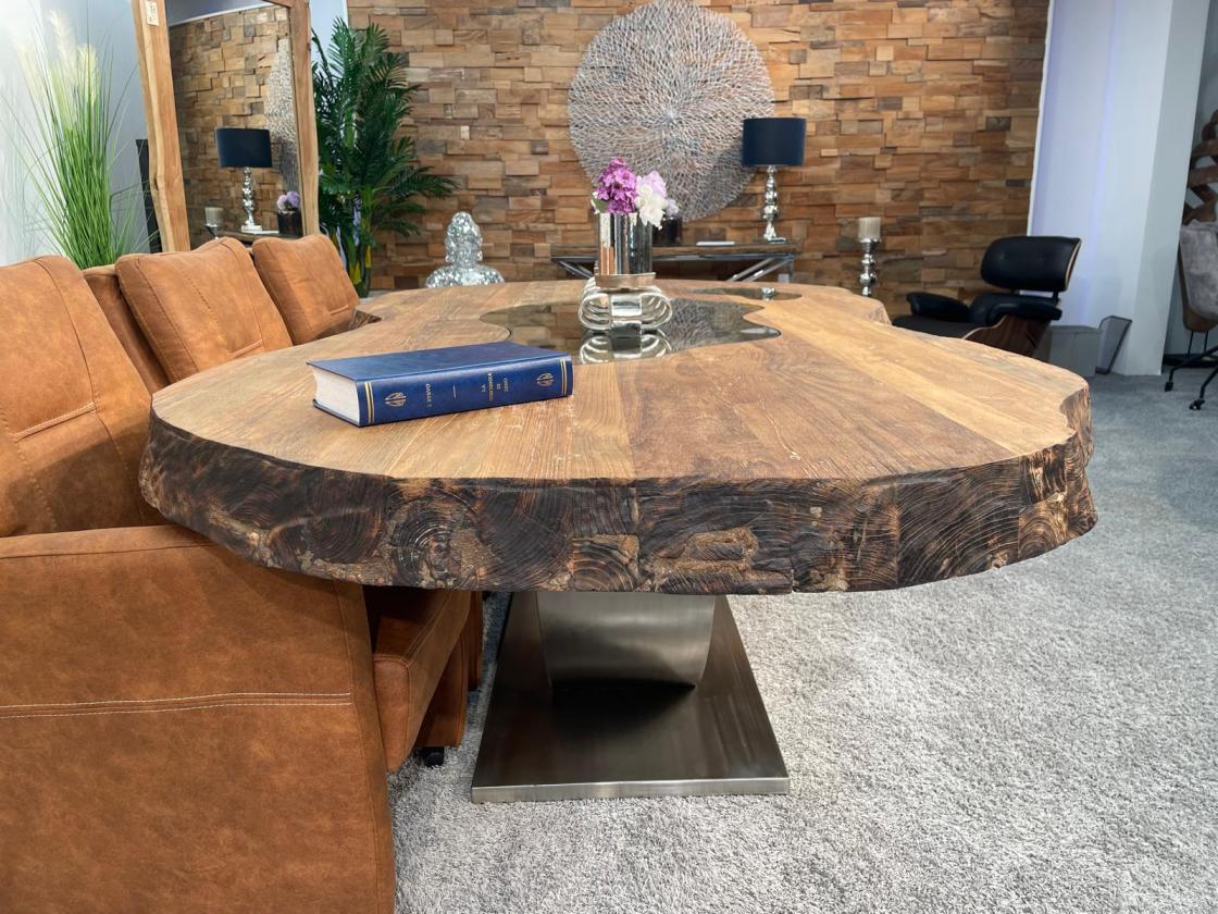 Esstisch Fusion 250 cm Ovaler Massivholztisch mit Edelstahlgestell