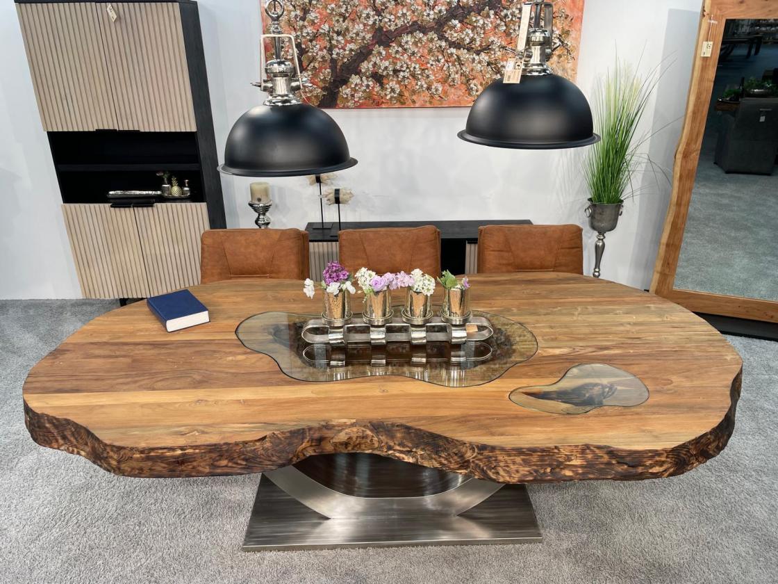Esstisch Fusion 250 cm Ovaler Massivholztisch mit Edelstahlgestell