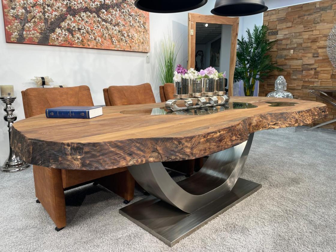 Esstisch Fusion 250 cm Ovaler Massivholztisch mit Edelstahlgestell