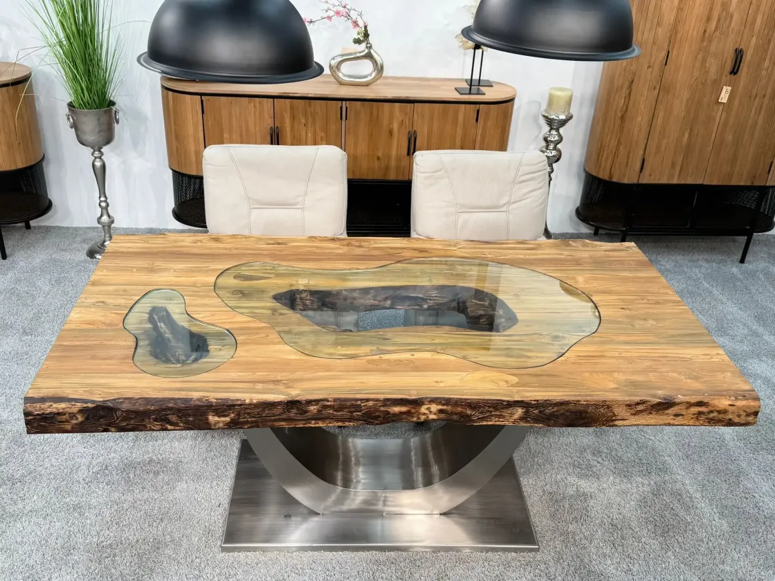 Solid wood dining table with glass inlays, seats 6 people.