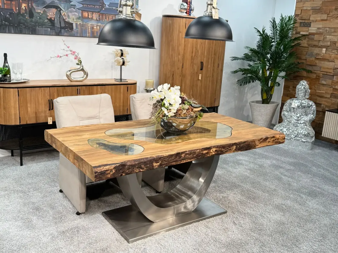 Solid wood dining table with glass inlays, seats 6.