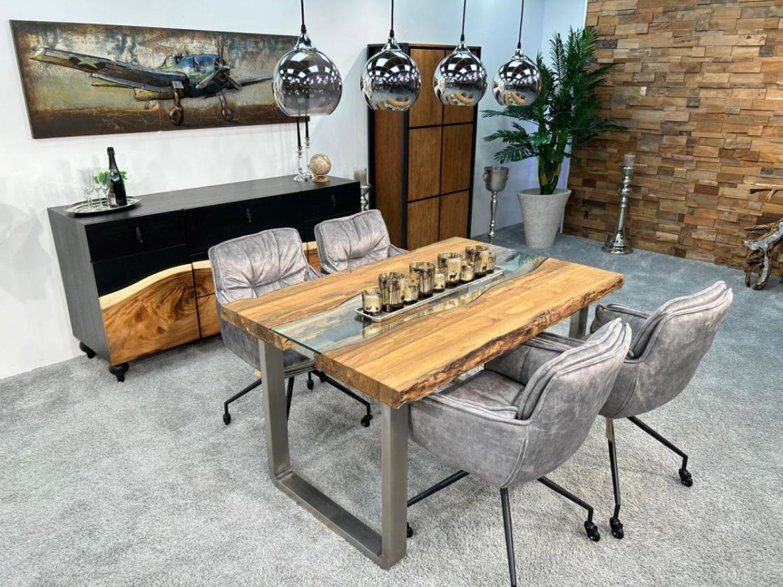 Esstisch mit Glaseinlage Old Elements aus recyceltem Teakholz