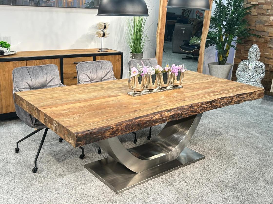 Wohnzimmertisch Deep Island 220x100 aus massivem Altholz und Edelstahl