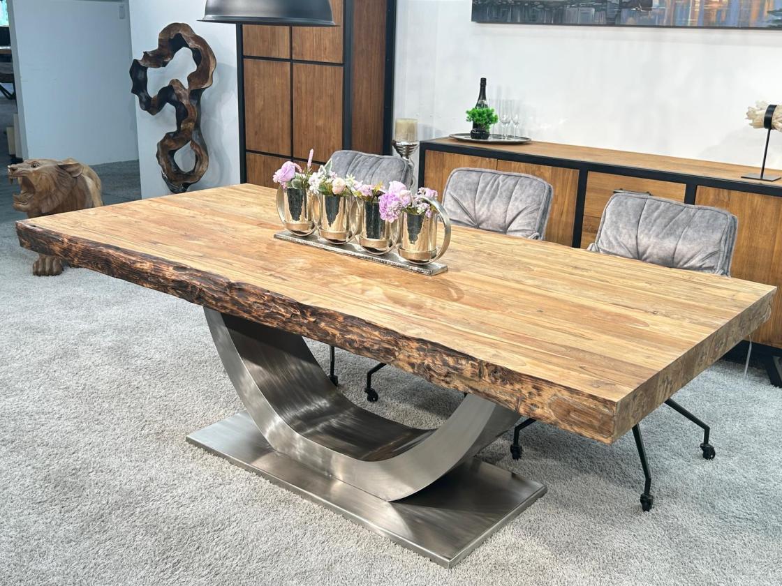 Wohnzimmertisch Deep Island 220x100 aus massivem Altholz und Edelstahl