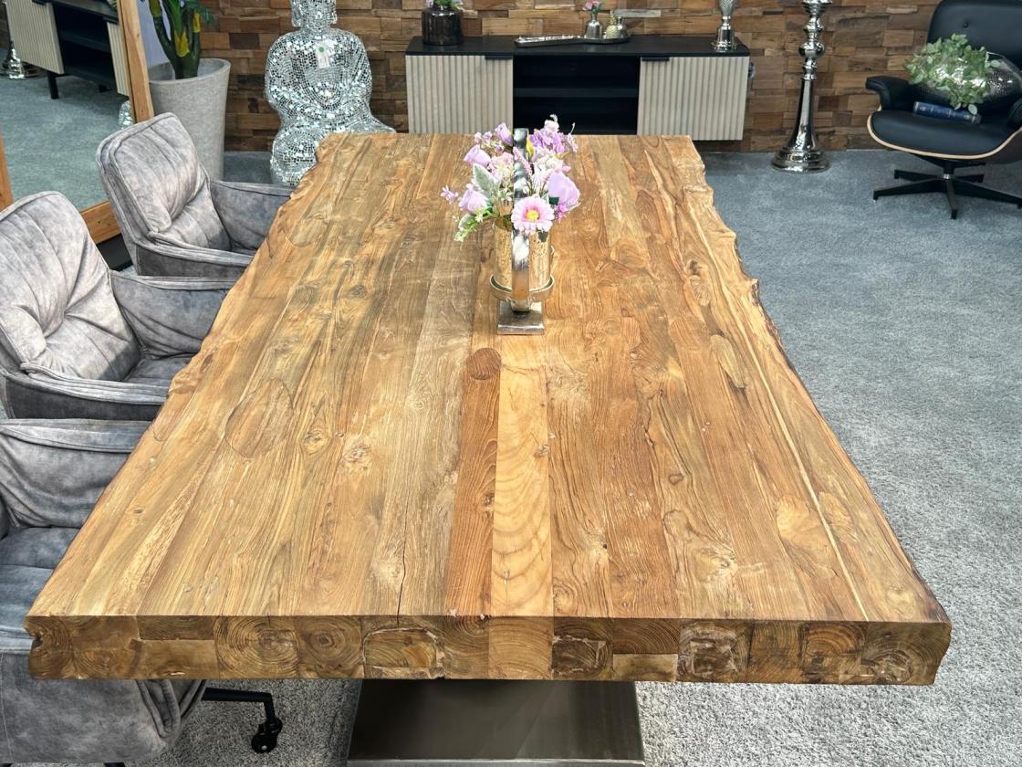 Wohnzimmertisch Deep Island 220x100 aus massivem Altholz und Edelstahl