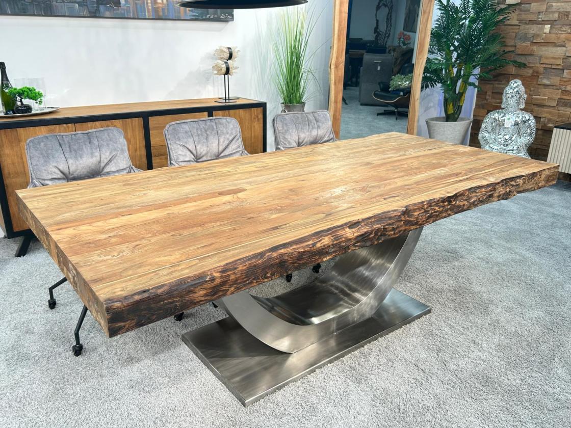 Wohnzimmertisch Deep Island 220x100 aus massivem Altholz und Edelstahl