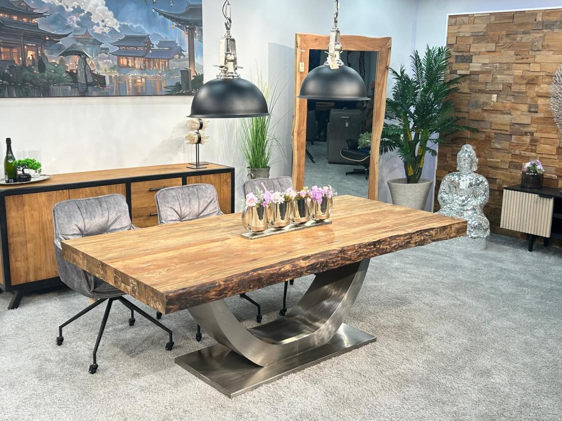 Wohnzimmertisch Deep Island 220x100 aus massivem Altholz und Edelstahl