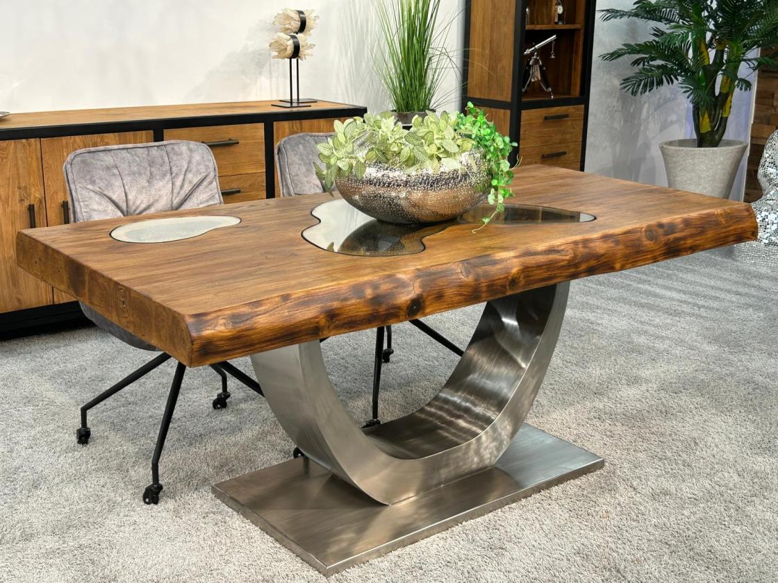 Massivholz Esstisch "Deep Island" mit Glaseinlage 180 cm
