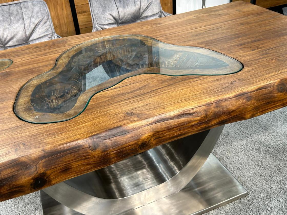 Massivholz Esstisch "Deep Island" mit Glaseinlage 180 cm