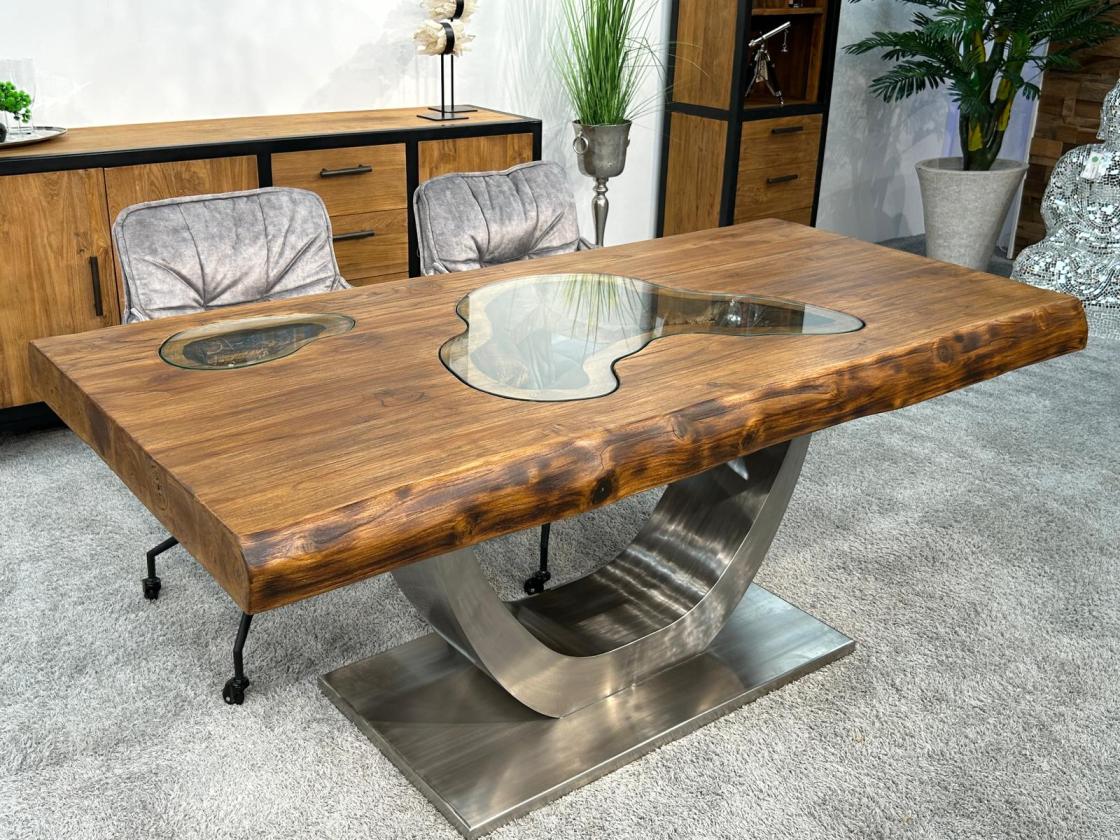 Massivholz Esstisch "Deep Island" mit Glaseinlage 180 cm