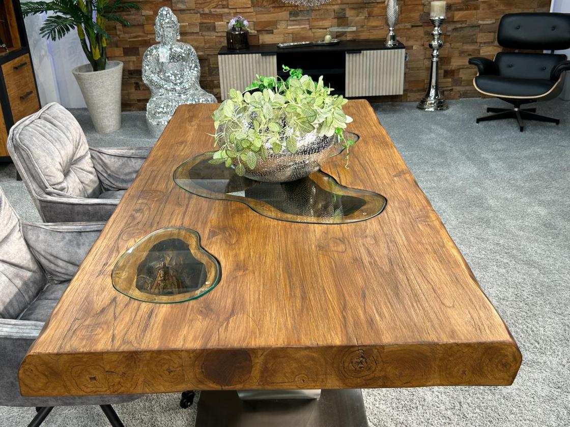 Massivholz Esstisch "Deep Island" mit Glaseinlage 180 cm
