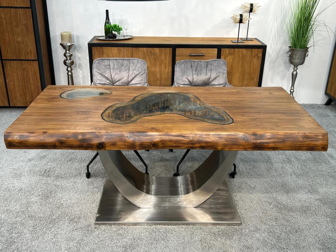 Massivholz Esstisch "Deep Island" mit Glaseinlage 180 cm