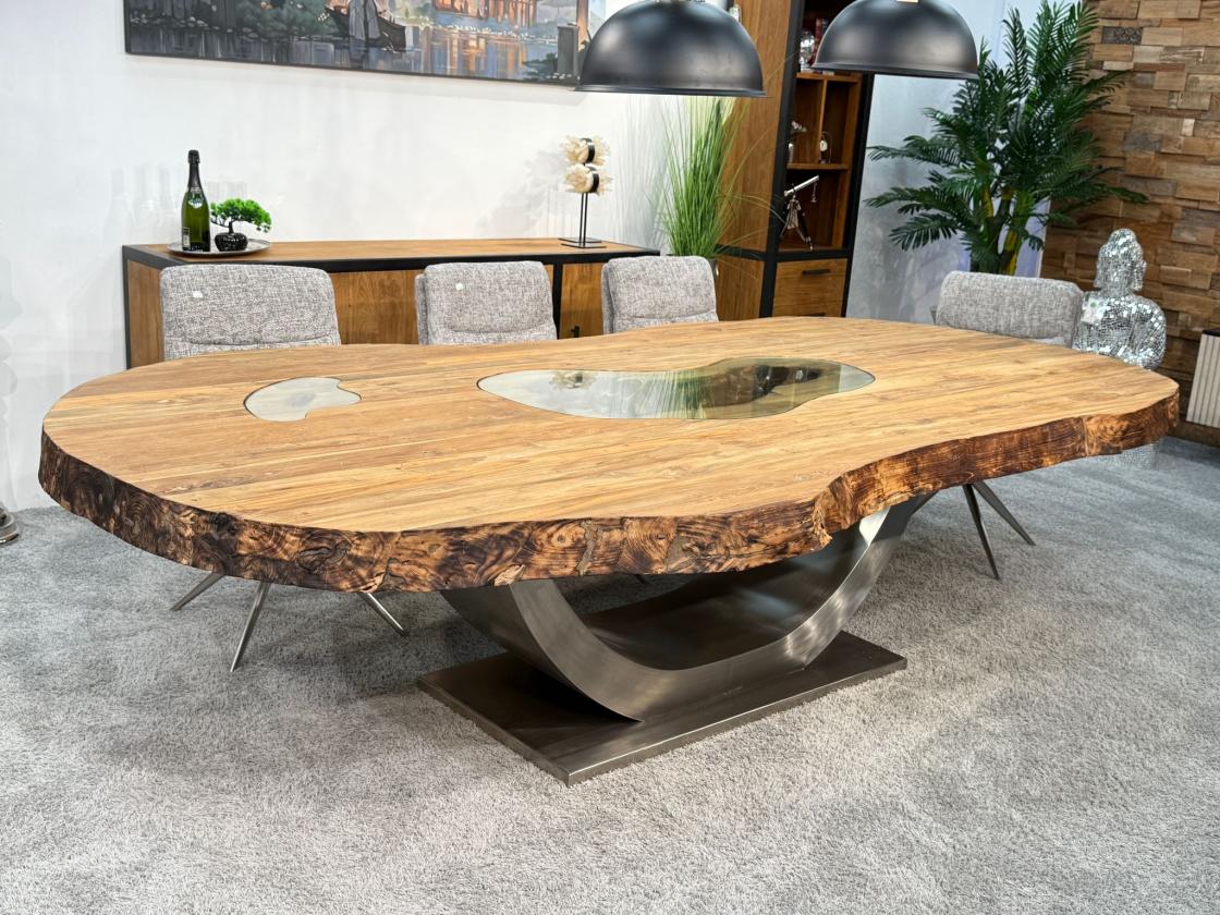 Esstisch "Fusion" ca. 295 x 160 x 78 cm aus Teakholz mit Glaseinlagen