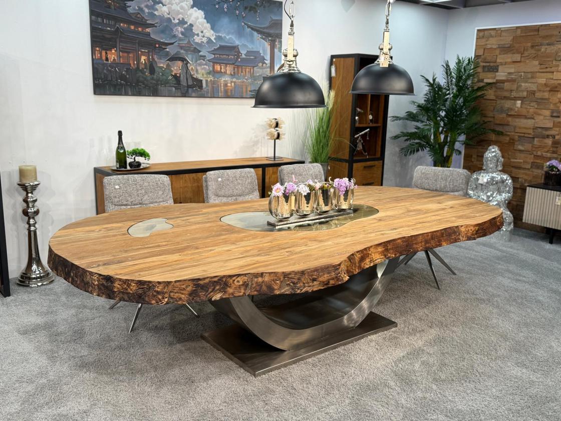 Esstisch "Fusion" ca. 295 x 160 x 78 cm aus Teakholz mit Glaseinlagen