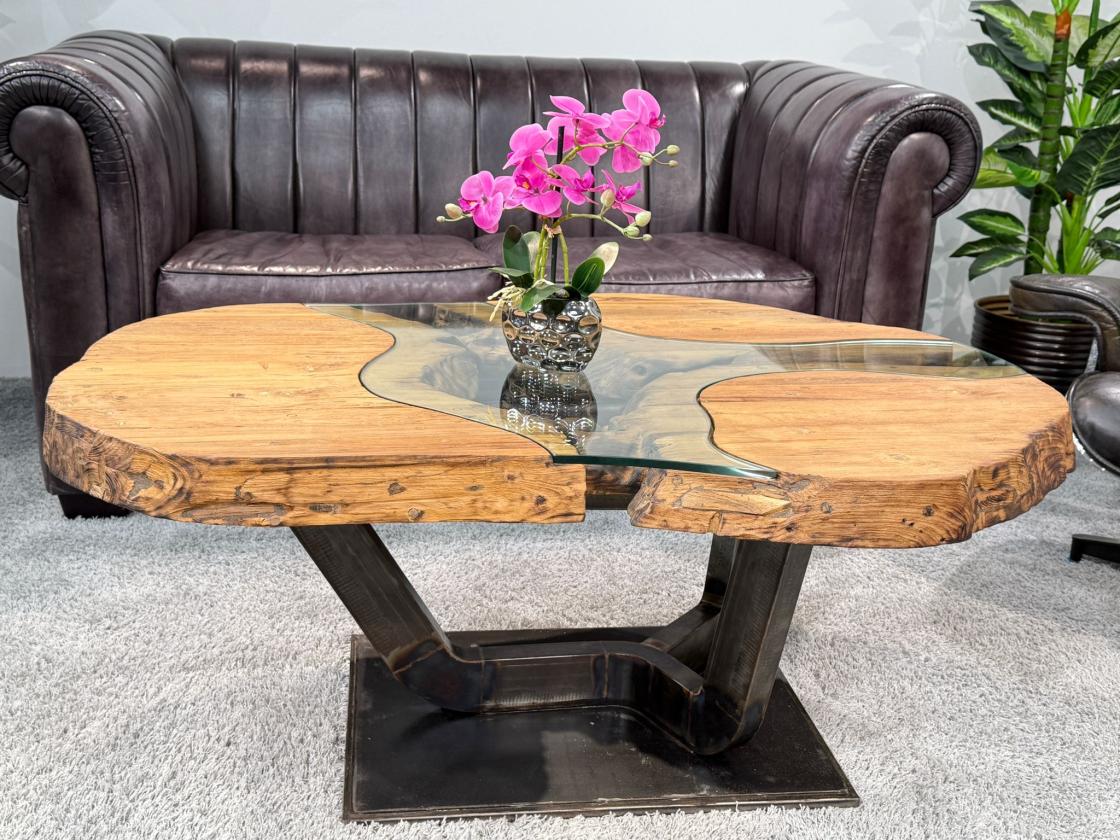Massivholz Couchtisch mit Glaseinlage Fjord