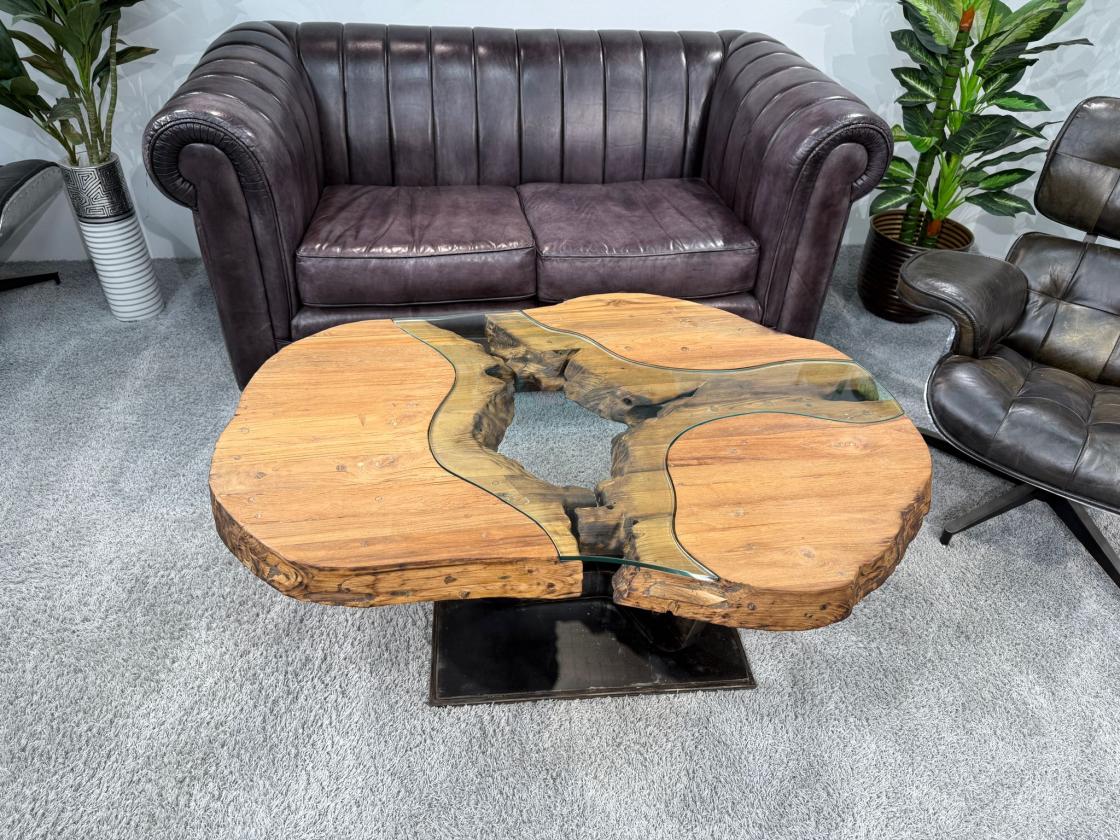 Massivholz Couchtisch mit Glaseinlage Fjord