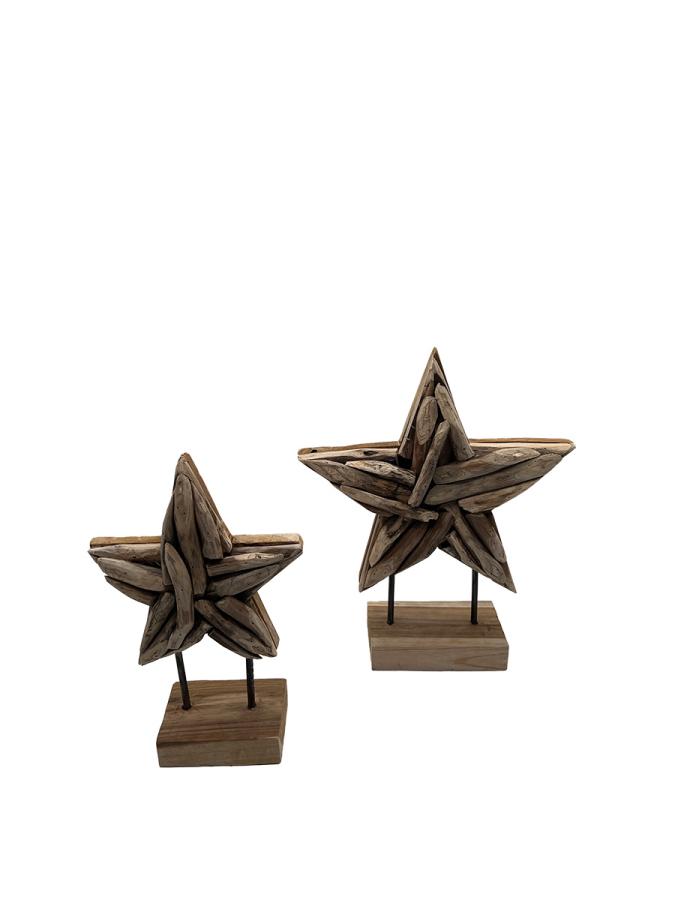 Handgeschnitzte Holzdekoration "Holzstern-Set" ca. B21 x T9 x H33,5 cm, B32,5 x T10 x H39 cm ähnl. Abbildung