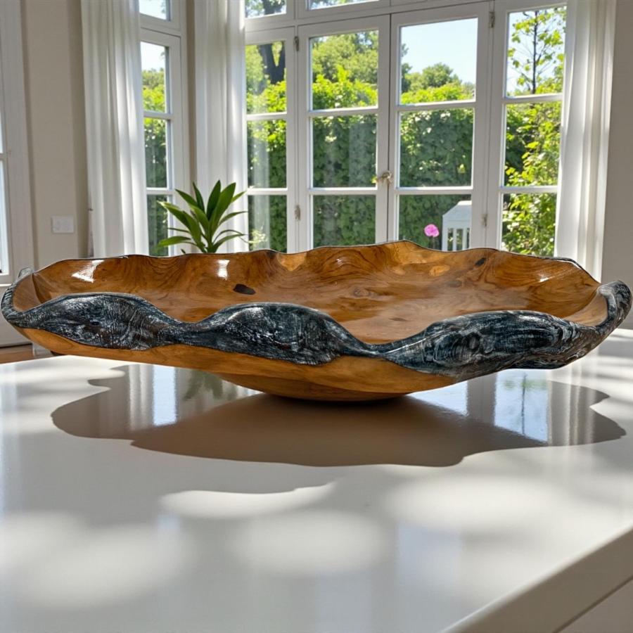 Holzschale Amalia aus Teakholz mit schwarz/silbernem Rand